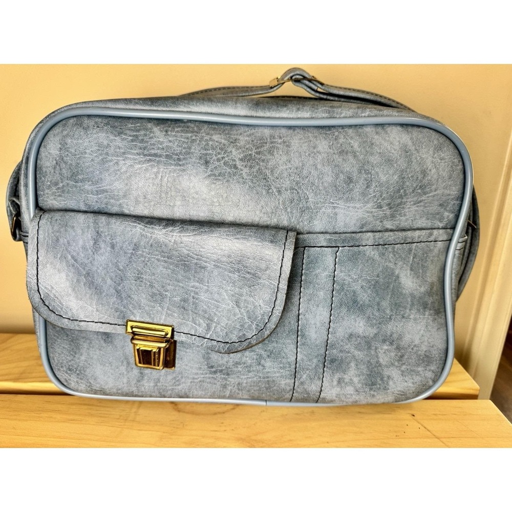 Vintage Style Distressed Blue Faux Leather Shoulder Bag‎ Gold Lock Front Pocket